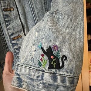 Forever 21 Blue Distressed Jean Jacket with Hand Stitched Embroidery